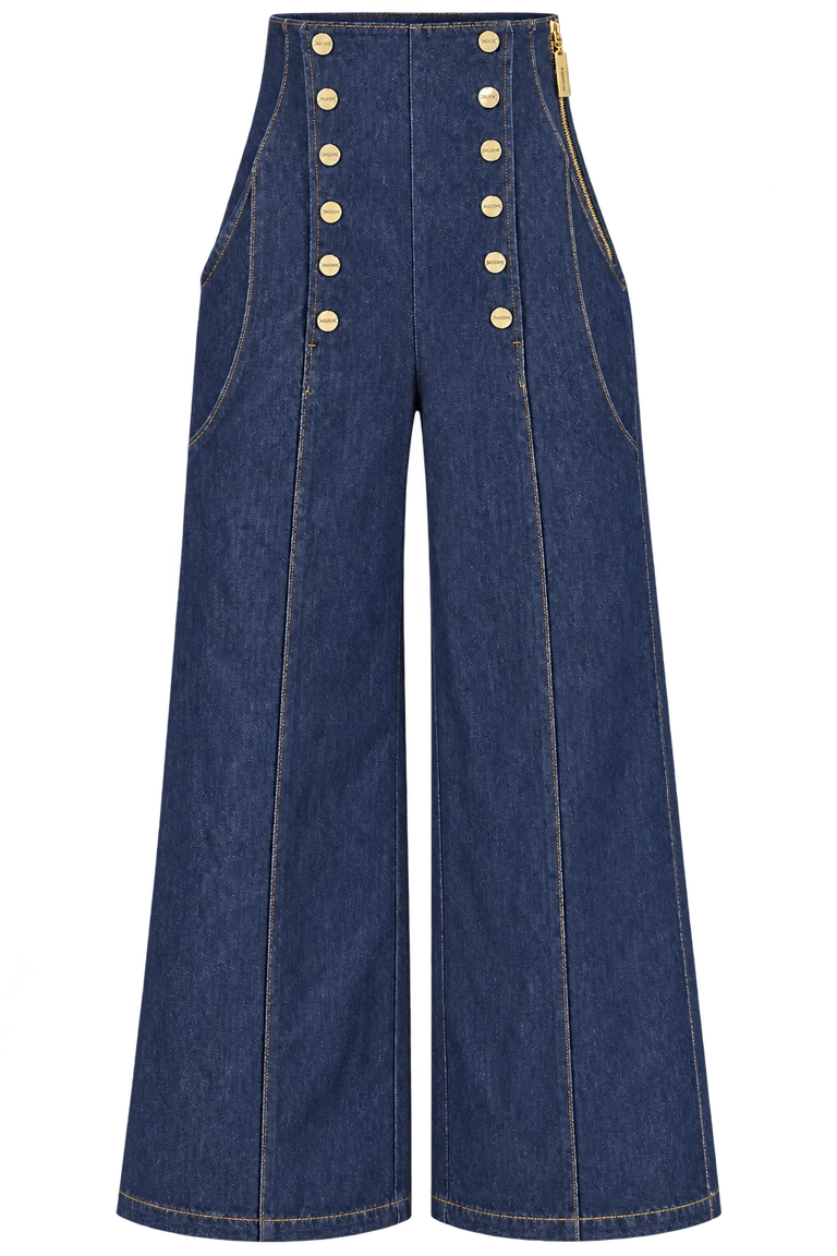 Denim Strapped Aristocrat — Default appearance — bottom front; reference-based garment reconstruction
