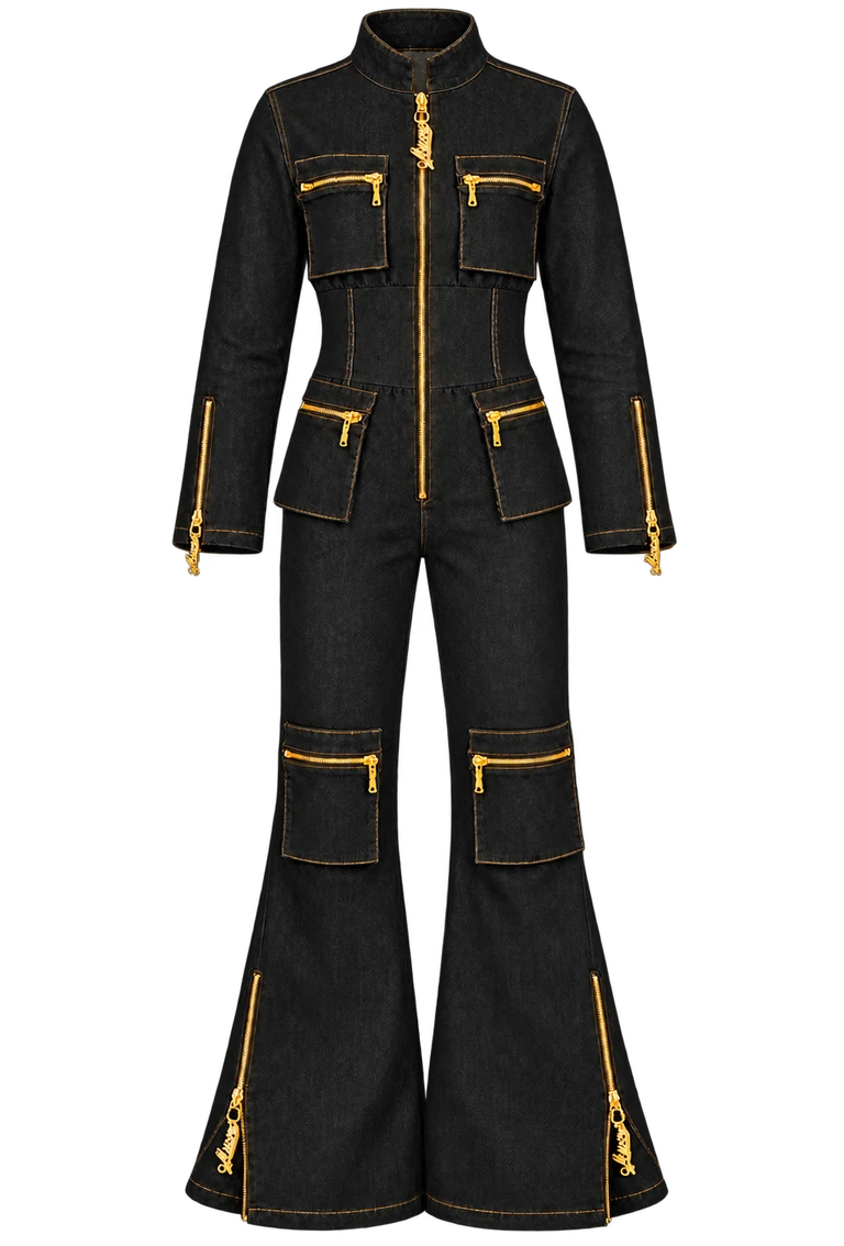 Denim Jumpsuit — Black — front