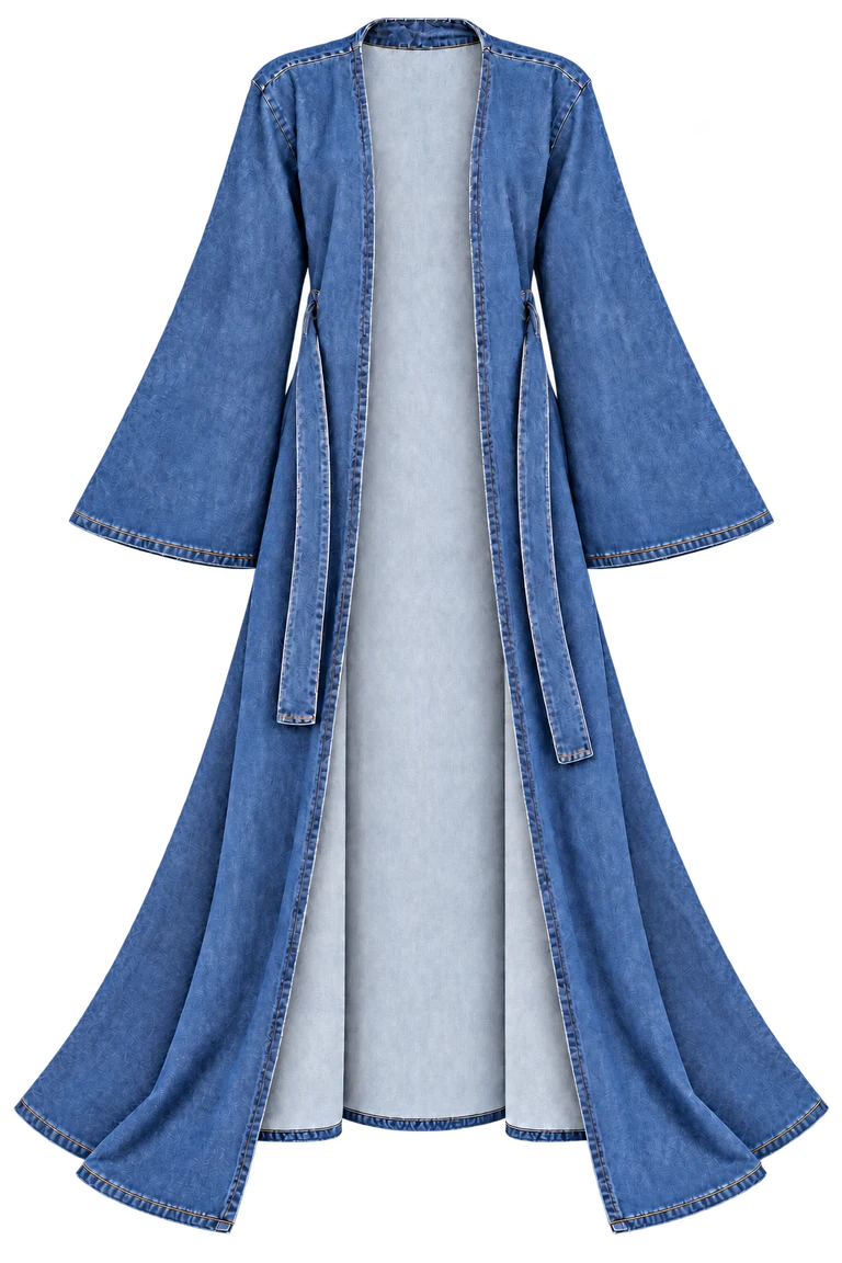 Sapphire Stride Denim Robe — Indigo — complete outfit without model
