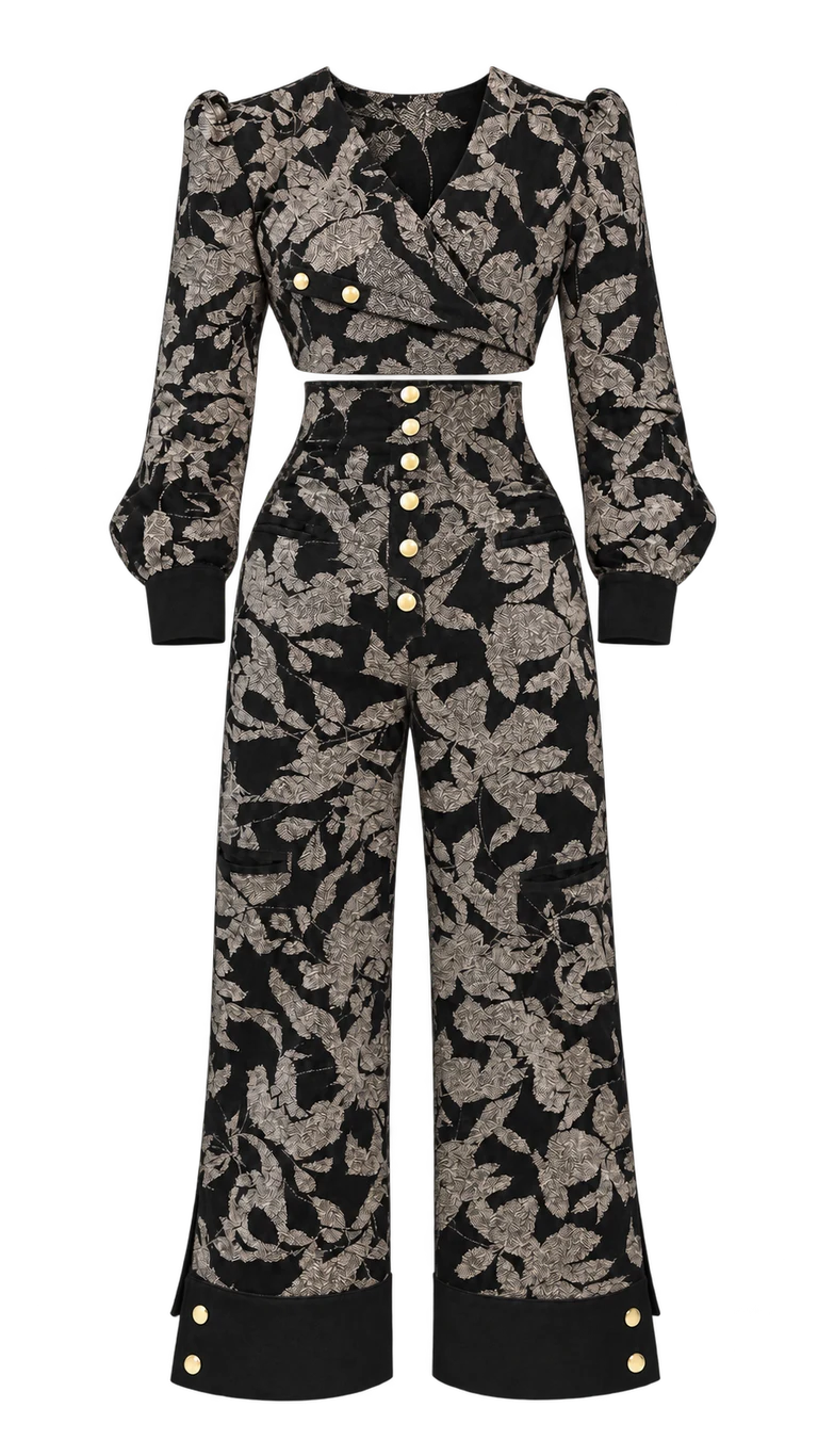 Genteel Corduroy Halter jacket with Extra High Waist Button Pant — complete outfit without model
