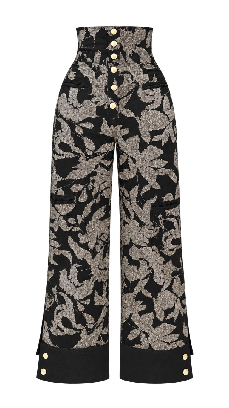 Genteel Corduroy Halter jacket with Extra High Waist Button Pant — Default appearance — bottom front; reference-based garment reconstruction