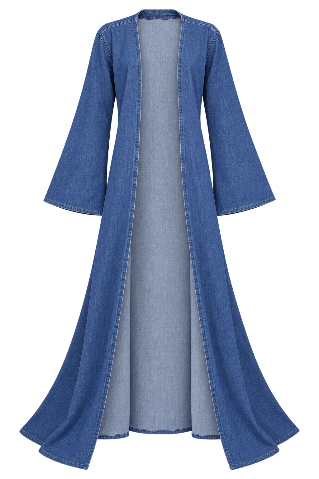 Sapphire Stride Denim Robe — Indigo — top front; reference-based garment reconstruction