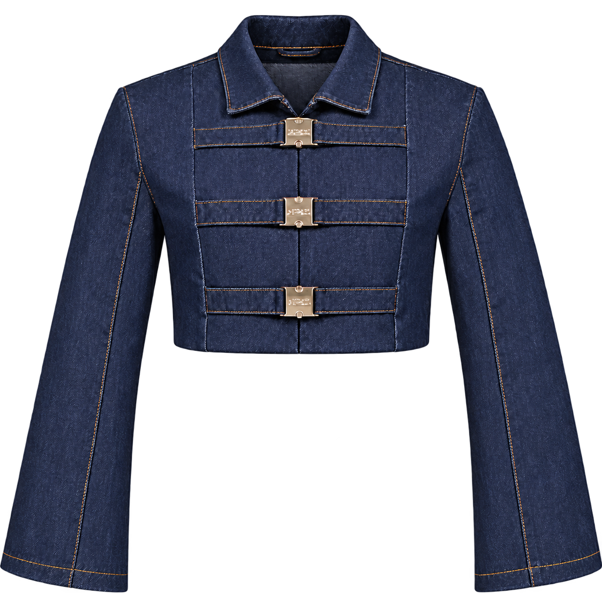 Denim Strapped Aristocrat — Default appearance — top front; reference-based garment reconstruction