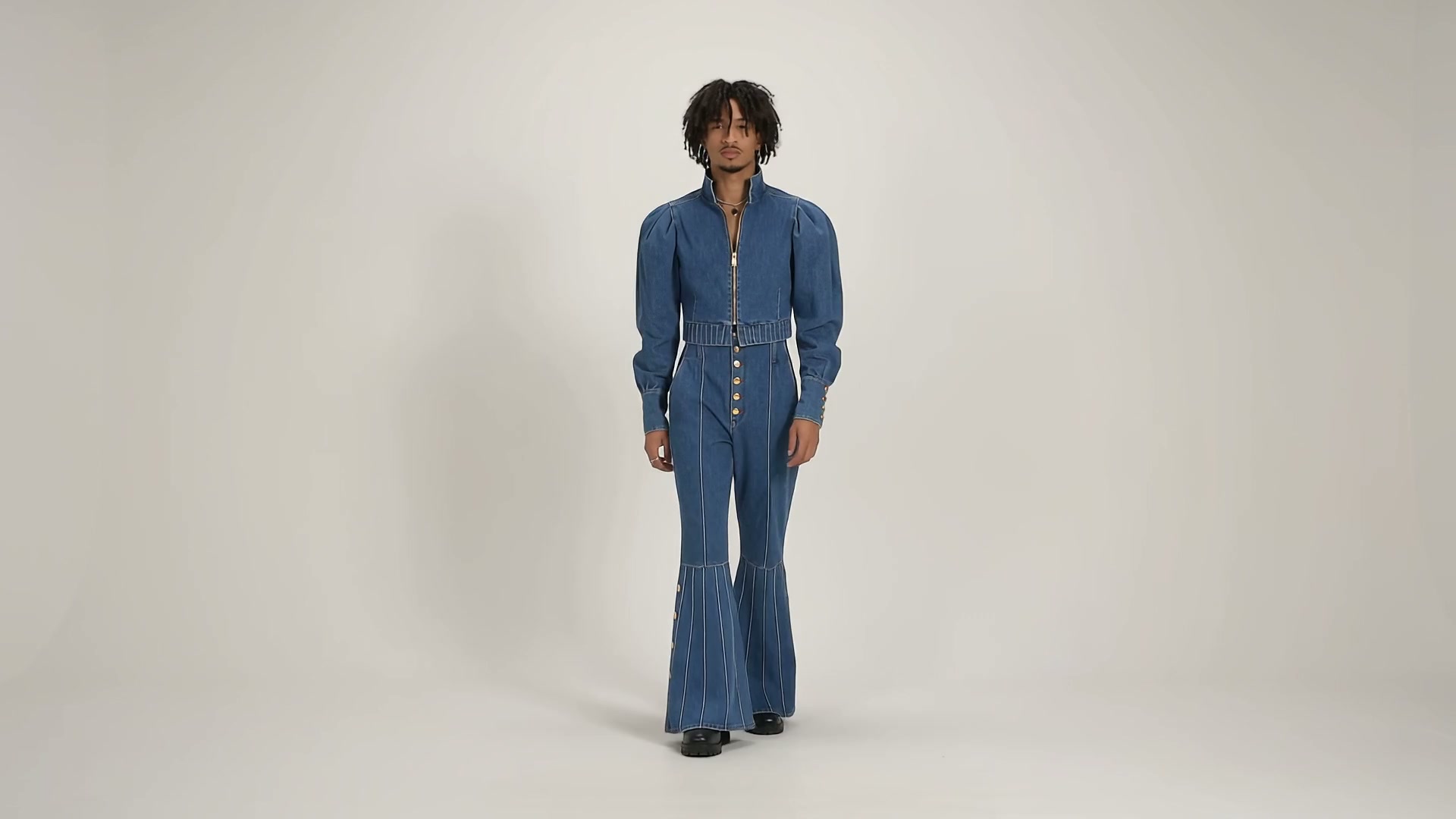 Denim Miiconic Set — medium-blue full outfit editorial film
